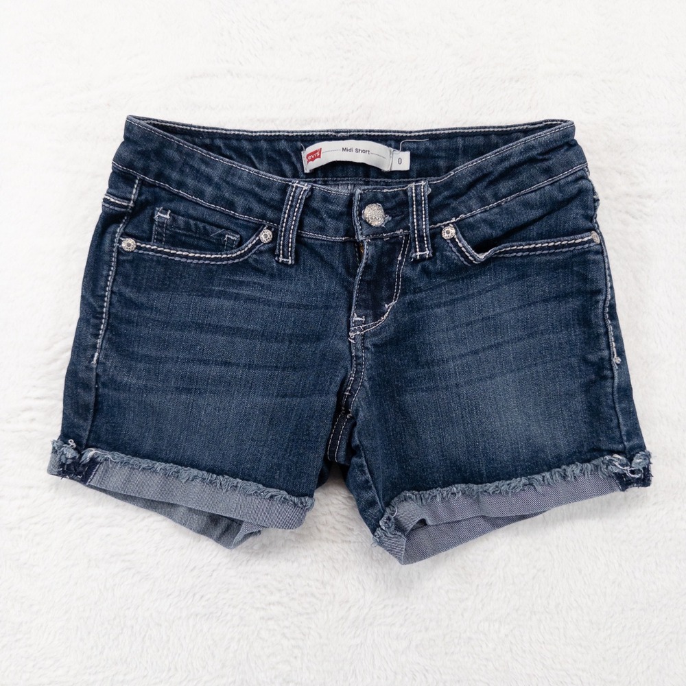 Levi's Womens Midi Shorts Size 0 Blue Denim Raw Hem Cuffed Stretch Thick Stitch